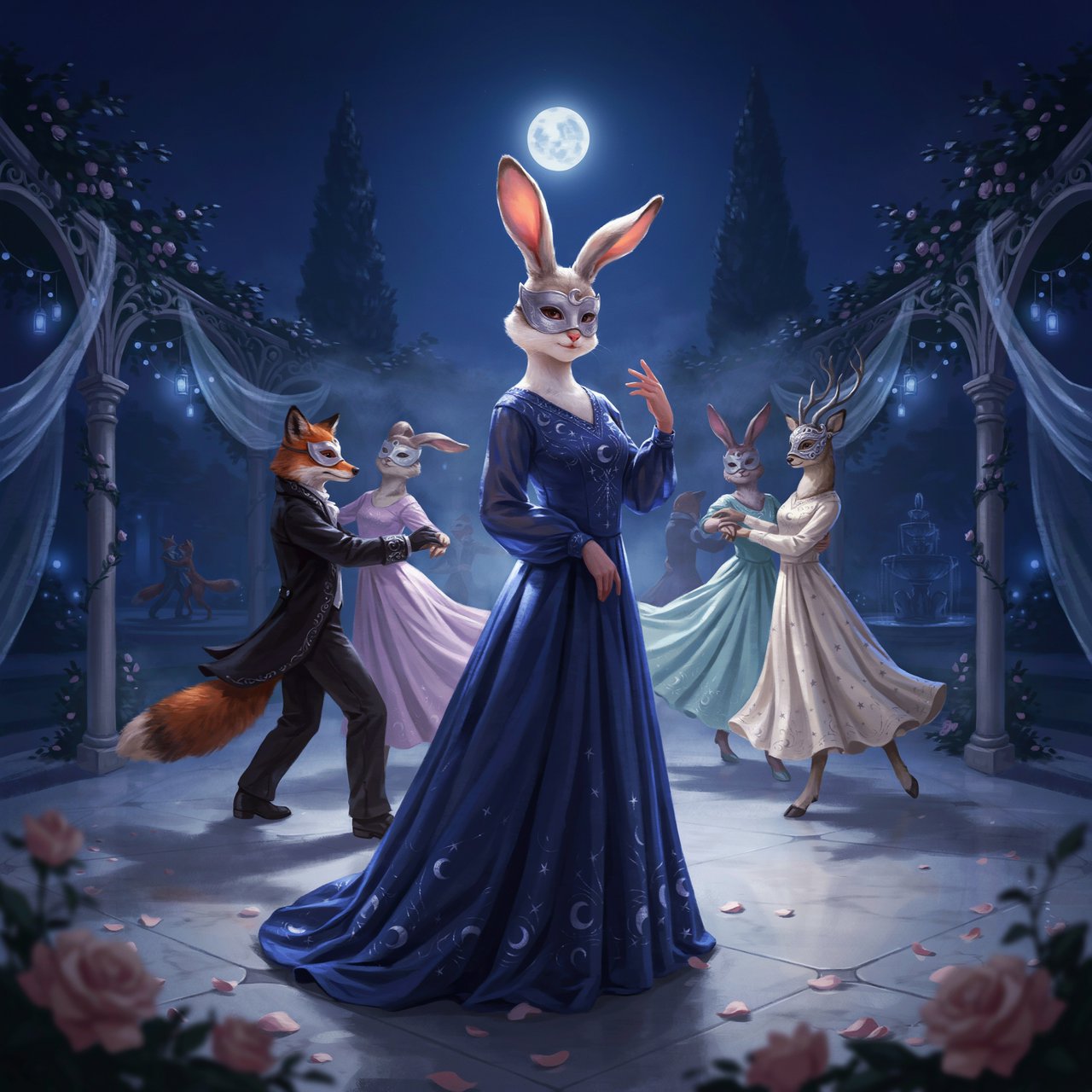 Create the most glamorous and mysterious midnight masked-ball scene, where various alluring anthropomorphic animals, such as foxes, deer, and rabbits, pose and dance under the moon. They wear moon-themed masks. In the middle foreground stands the most exquisite, alluring human-rabbit hybrid, with long white rabbit ears, a pulchritudinous East Asian face, an hourglass figure, rabbit-fur features, and human skin blended aesthetically. She wears the most exquisite silk dress with moon patterns and cross-star embroidery. She poses in a beckoning gesture, inviting the viewer to be her dance partner at the masquerade. No speech. — Ideogram v4