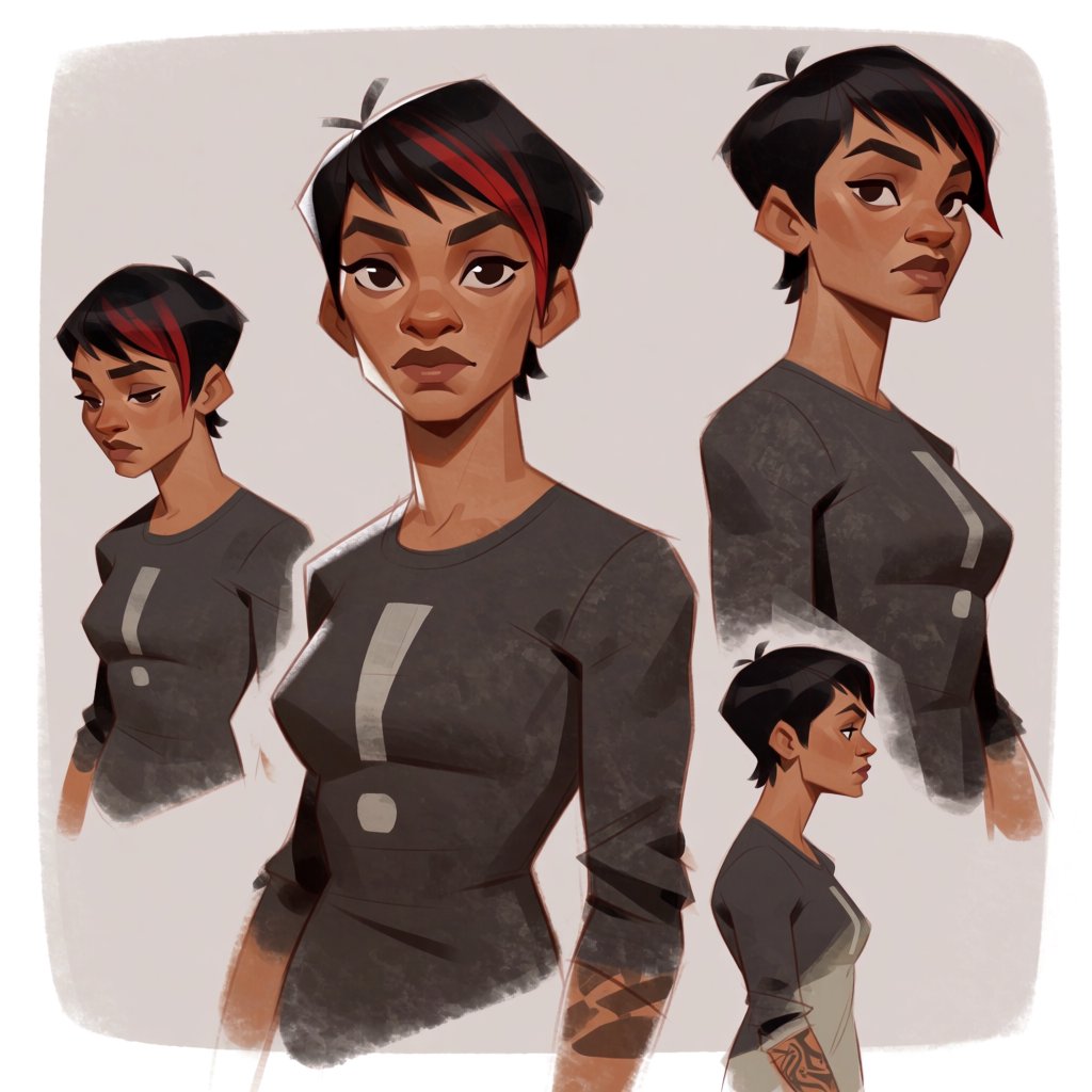 Character exploration sheet of the same 25-year-old Indian woman in several bust and waist-up studies, varied expressions and three-quarter views, one larger central portrait. Warm brown skin, black pixie haircut with red streaks, tattoos, tight T-shirt bearing an exclamation mark (!). Plain warm light-gray background, irregular painted edges. Stylized semi-realistic digital painting with animation-inspired proportions, large expressive eyes, strong brows, simplified anatomy and convincing volume. Minimal linework, soft blended facial shading, broad angular brushstrokes on clothing. Luminous warm brown skin with terracotta undertones, subtle blush, restrained highlights. Hair painted in sculpted masses with broad highlights and fine flyaways. Muted charcoal and earthy neutrals, soft directional studio lighting, detailed eyes and lips, loose edges and unfinished brushwork. — Krea 2 Medium