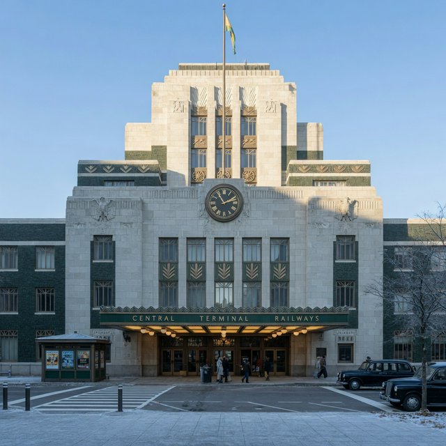 Exterior of an Art Deco railway terminal in pale limestone and dark green glazed brick, with stepped massing, bronze-framed windows, and a broad canopy; clear winter morning light, viewed from the station forecourt, precise lines and credible structure. — Grok Imagine Image Quality