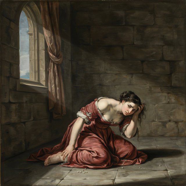 A dramatic cinematic portrait of a fallen noblewoman kneeling in a dimly lit stone chamber, wearing a disheveled dark crimson silk gown, the fabric torn and loose, revealing hints of pale skin, strong chiaroscuro lighting highlighting her silhouette and sorrowful expression, tears, messy hair adorned with broken pearls, atmosphere of despair and silence, oil painting style realism — Ideogram v4