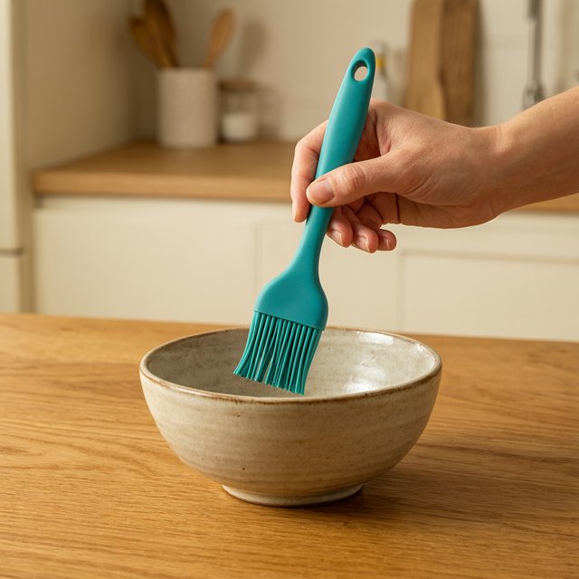 Across a honed maple counter, an adult hand guides an unbranded silicone pastry brush over a ceramic bowl; its ribbed teal handle catches diffused key light and warm bounce against a cream kitchen background, face cropped out, no lettering, commercial product image. — Qwen Image 3.0 Pro