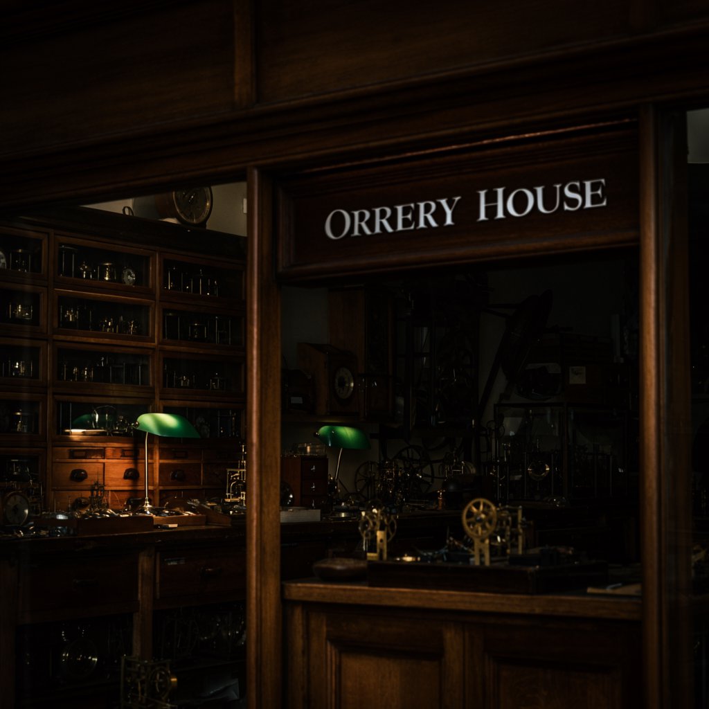 Inside a quiet clockmaker’s workshop, brass gears and tiny tools gleam beneath green-shaded lamps; "ORRERY HOUSE" is engraved in crisp serif letters on a dark walnut sign above the repair counter. — Krea 2 Large