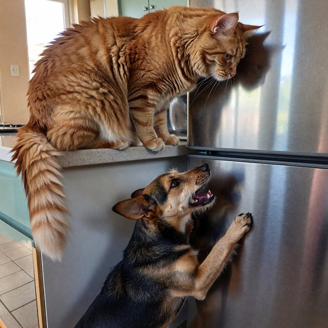 A cat sits on the top of a refrigerator calmly looking down at a barking dog. The dog is on his hind legs leaning on the fridge barking at the cat. — ImagineArt 1.5 Pro