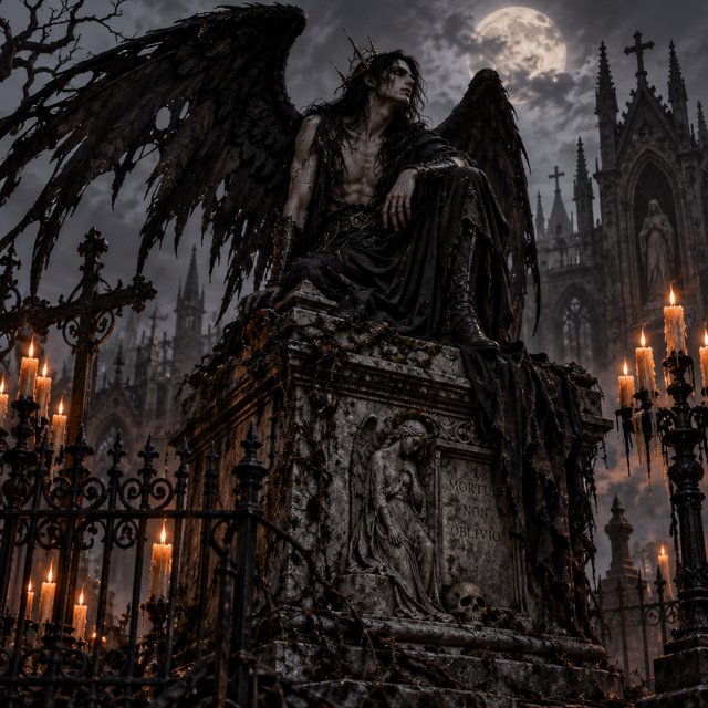 A majestic fallen angel with wings like a dark, tattered cloak, poses dramatically on a crumbling, Victorian-era inspired graveyard tomb, surrounded by twisted, black ironwork and flickering, orange candelabras, as if plucked from a haunting, nightmare. — GPT Image 2.5 Sunburst
