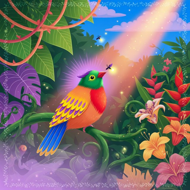 Create a vibrant digital artwork with clean lines depicting a small, colorful bird in the jungle. Combine rich, warm tones—such as soft orange, bold red, and dynamic yellow—with cool colors like brilliant blue, emerald green, and radiant violet. The atmosphere should feel fairytale-like, enhanced by striking lighting that underscores the scene's magic. Use bright, bold colors harmoniously to create a balanced composition. The overall style should be imaginative and captivating, transporting the viewer to another world. — Grok Imagine Image Quality