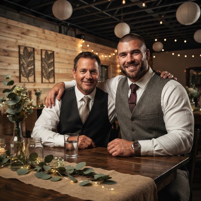 (Character1: rugby player body type, tall, brunet male, age 30, buzzcut hair and neatly groomed matching beard). Medium eye-level shot, photorealistic, two men seated at a wooden banquet table: the left middle-aged man wears a white dress shirt, charcoal waistcoat, and taupe tie, with his right arm on the table; the right man, Character1, smiles directly at the camera, wearing a white dress shirt, grey waistcoat, maroon tie, and a watch on his left wrist, with his left arm draped over the first man's shoulder. In the foreground: a table runner with eucalyptus sprigs, small fairy lights, a bottle holding flowers, a glass jar, and a water glass. Background: an exposed light horizontal wood plank wall with two decorative leaf panels, an exposed industrial ceiling with hanging paper lanterns, and fairy string lights. Warm, soft ambient overhead event lighting, natural indoor venue atmosphere, shallow depth of field. Art style: dramatic painterly realism with realistic skin texture, strong chiaroscuro, slightly gritty textured brushwork, fantasy illustration mood. — Nano Banana 2 Lite