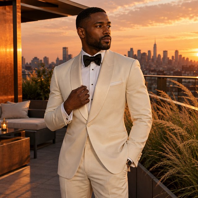 Under the copper glow of a rooftop terrace, an adult Black man in a tailored cream dinner suit is caught smoothing his lapel as evening breeze stirs nearby grasses; calm poise, sculpted shadows and refined fashion-magazine polish. — GPT Image 2.5 Flare