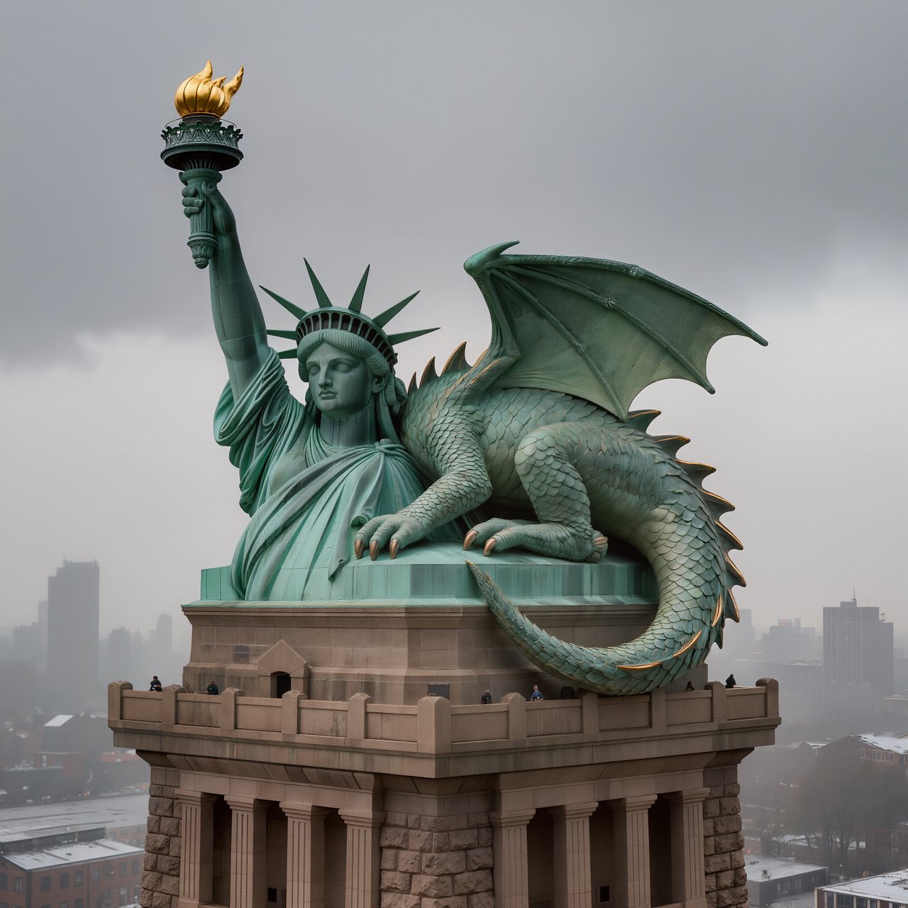 A dragon sleeping on the Statue of Liberty on a moody, overcast day. — Kling v3