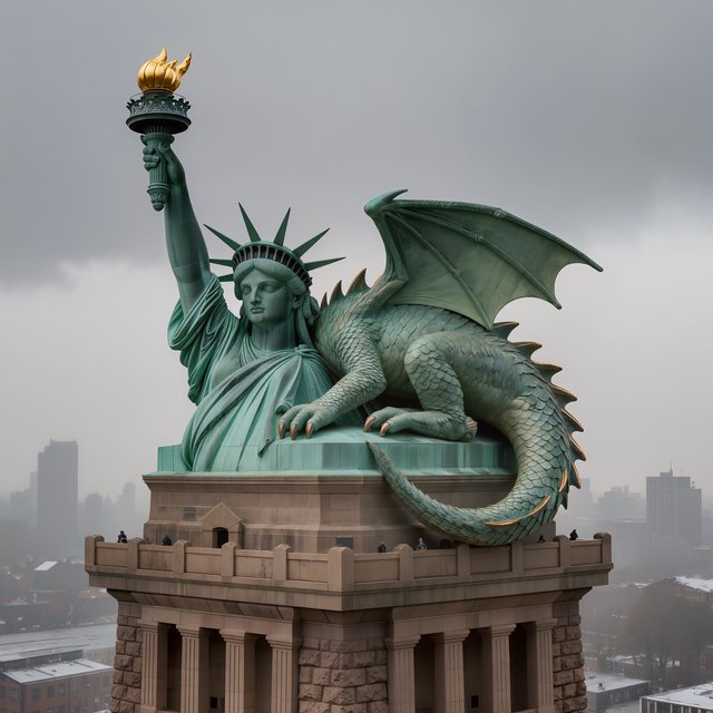 A dragon sleeping on the Statue of Liberty on a moody, overcast day. — Kling v3
