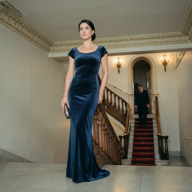 Editorial glamour photograph of an adult woman in a midnight-blue velvet evening gown, standing naturally beside a curved staircase in an old theatre, warm flattering sconce light, relaxed shoulders, poised expression, refined cinematic elegance. — Ideogram v4