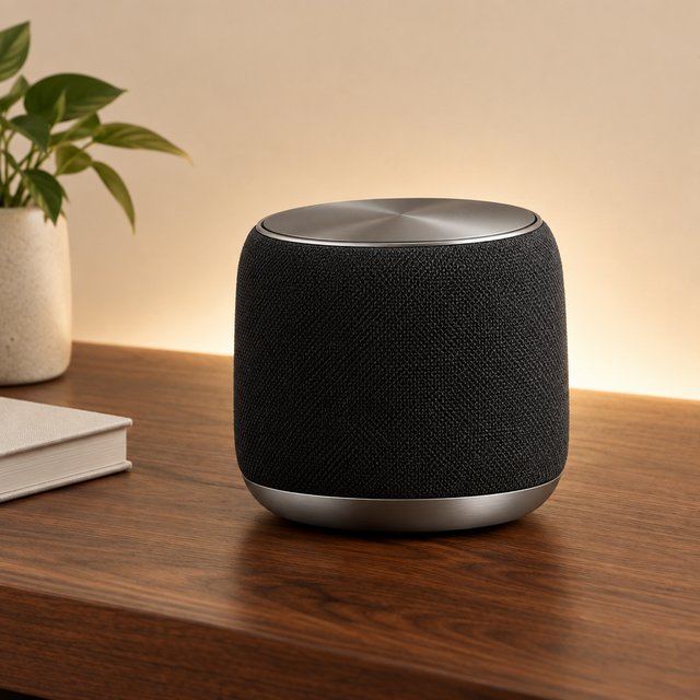 Commercial product photograph of an unbranded wireless speaker made from textured black fabric and satin aluminum, placed on a walnut tabletop against a warm cream background, illuminated by a large softbox and subtle backlight. — GPT Image 2.5 Flare