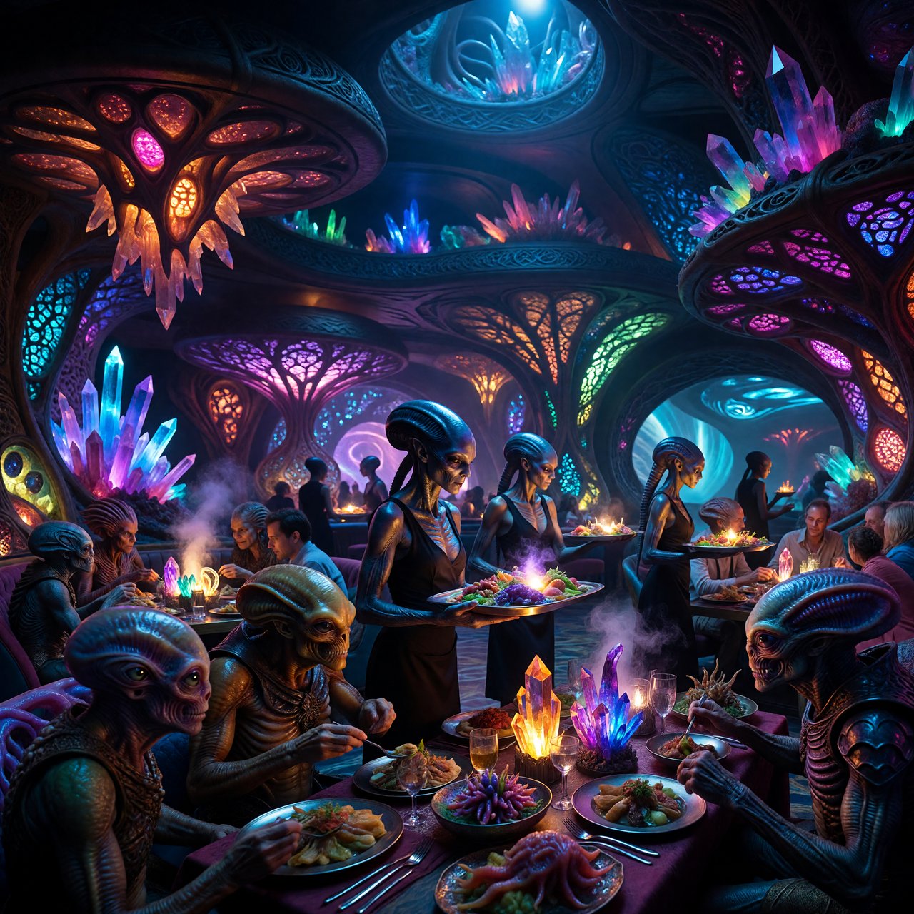 An alien restaurant on a strange planet. The interior is well lit, but the décor is very strange and out of this world. Alien waitresses are bringing in platters of food. Alien diners are eating very unusual dishes. — ImagineArt 1.5 Pro