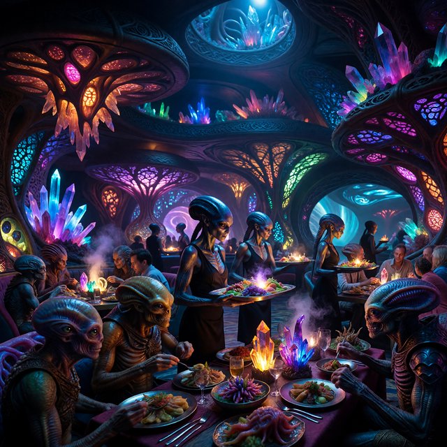 An alien restaurant on a strange planet. The interior is well lit, but the décor is very strange and out of this world. Alien waitresses are bringing in platters of food. Alien diners are eating very unusual dishes. — ImagineArt 1.5 Pro