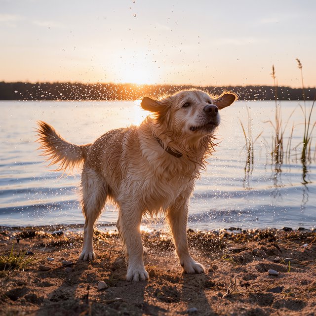 A wet golden retriever shaking off water on a lakeshore, droplets frozen mid-air, backlit by low sun, high shutter speed. — Kling v3