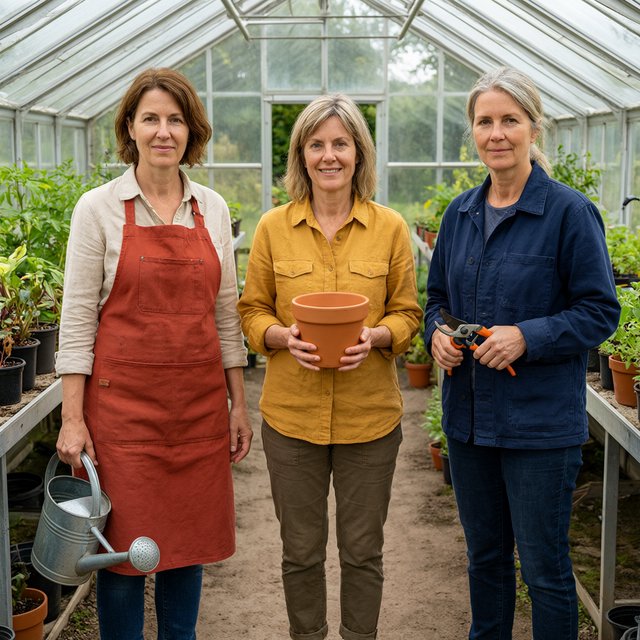 At a quiet greenhouse bench, exactly three adult botanists stand in a row: left wears a rust-red apron and holds a watering can, center wears a mustard shirt and holds a terracotta pot, right wears a navy jacket and holds pruning shears; nothing else. — Qwen Image 3.0 Pro