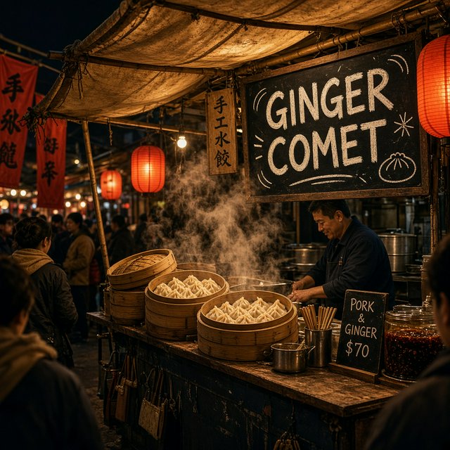 Steam curls above baskets of dumplings at a lively night-market stall, lantern light warming its canvas canopy; "GINGER COMET" is chalked in bold white letters on a blackboard beside the serving counter. — Grok Imagine Image 2