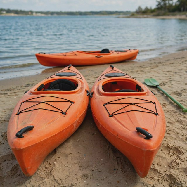 Exactly three orange kayaks rest on a sandy shore: two side by side in the foreground and one behind them near the water. A green paddle lies to the right of the kayaks, nothing else. — Muse Image 1.0