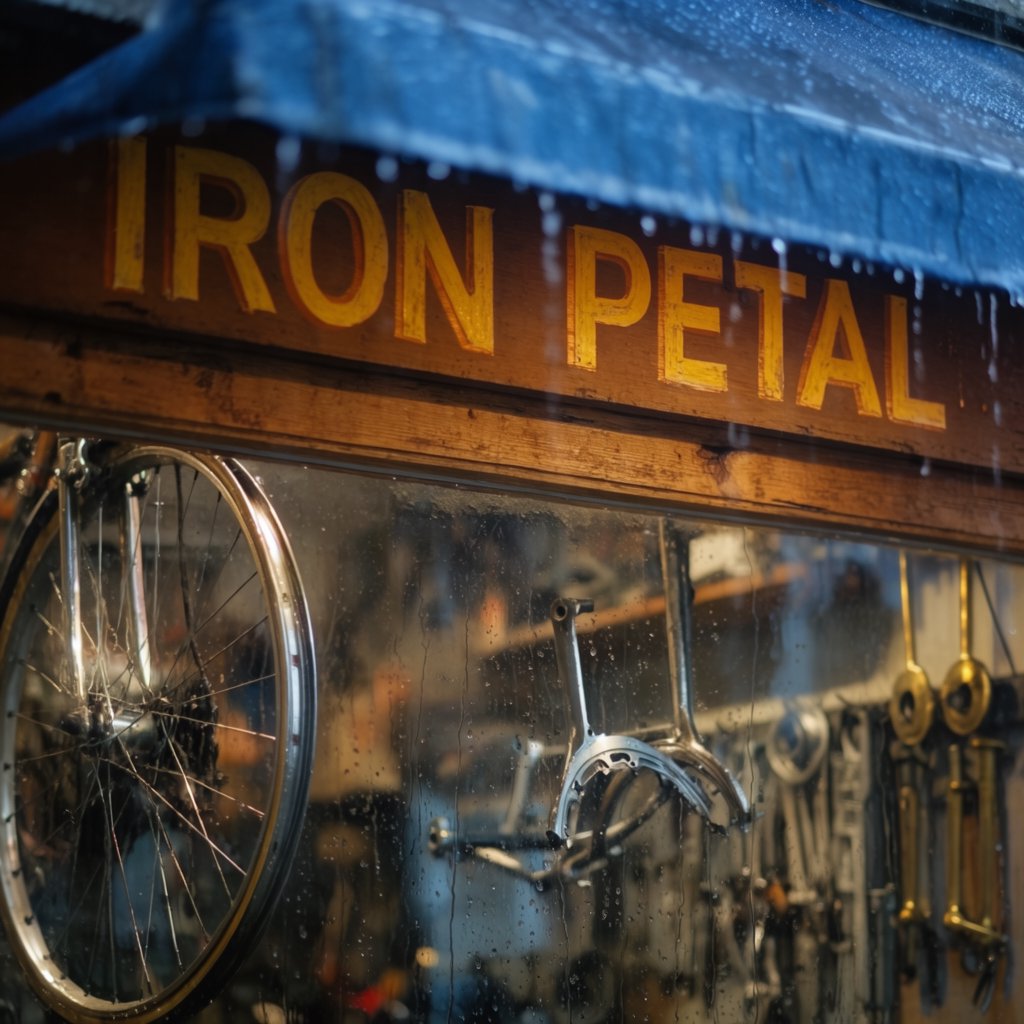 Rain beads on a bicycle repair shop’s blue awning, with wheels and brass tools visible behind the glass; “IRON PETAL” is lettered in warm yellow enamel capitals across the wooden fascia. — Krea 2 Large