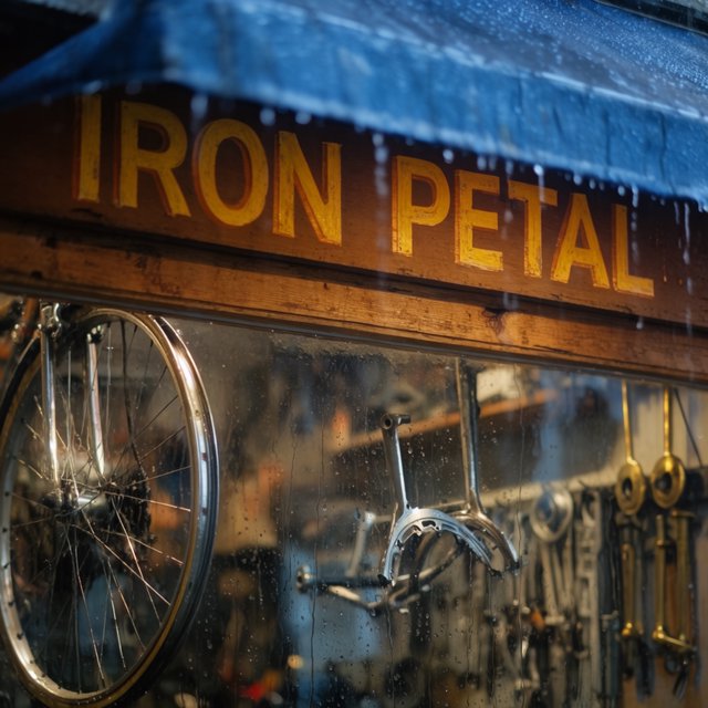 Rain beads on a bicycle repair shop’s blue awning, with wheels and brass tools visible behind the glass; “IRON PETAL” is lettered in warm yellow enamel capitals across the wooden fascia. — Krea 2 Large