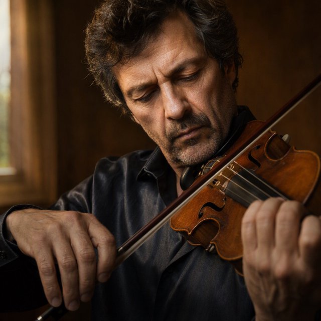 With a violin tucked close, an adult man in his early 50s draws a bow, his hands prominent, wearing a charcoal silk shirt; his intent expression is framed against a warm umber backdrop in soft amber window light, in a close portrait photograph. — GPT Image 2