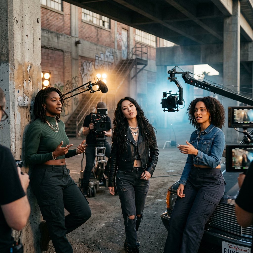 Realistic adult Korean, Black, and mixed-race female rappers filming a music video, all wearing fitted clothes. The music video is about how they are making money and are set to rule, with a really cool, laid-back vibe, shown from many angles. — Nano Banana 2.1