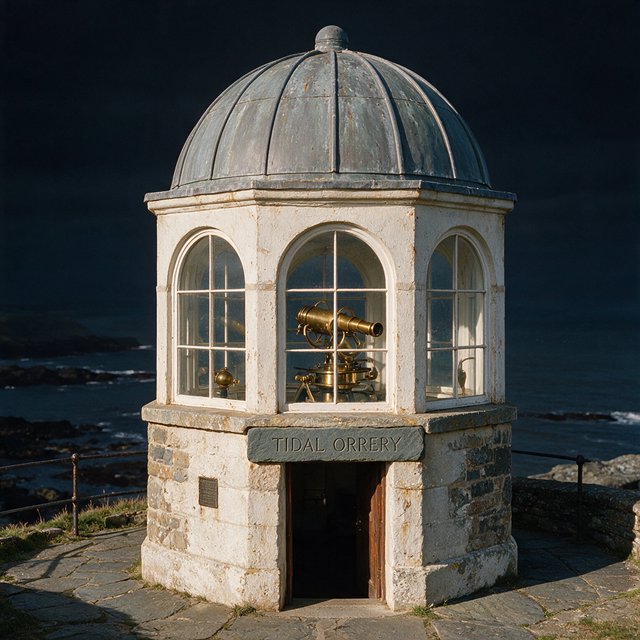 A weathered coastal observatory overlooks dark water, its brass instruments visible through arched windows; "TIDAL ORRERY" is carved into a slate lintel above the entrance, salt spray softening the deep engraved grooves. — Seedream 5.0 Pro