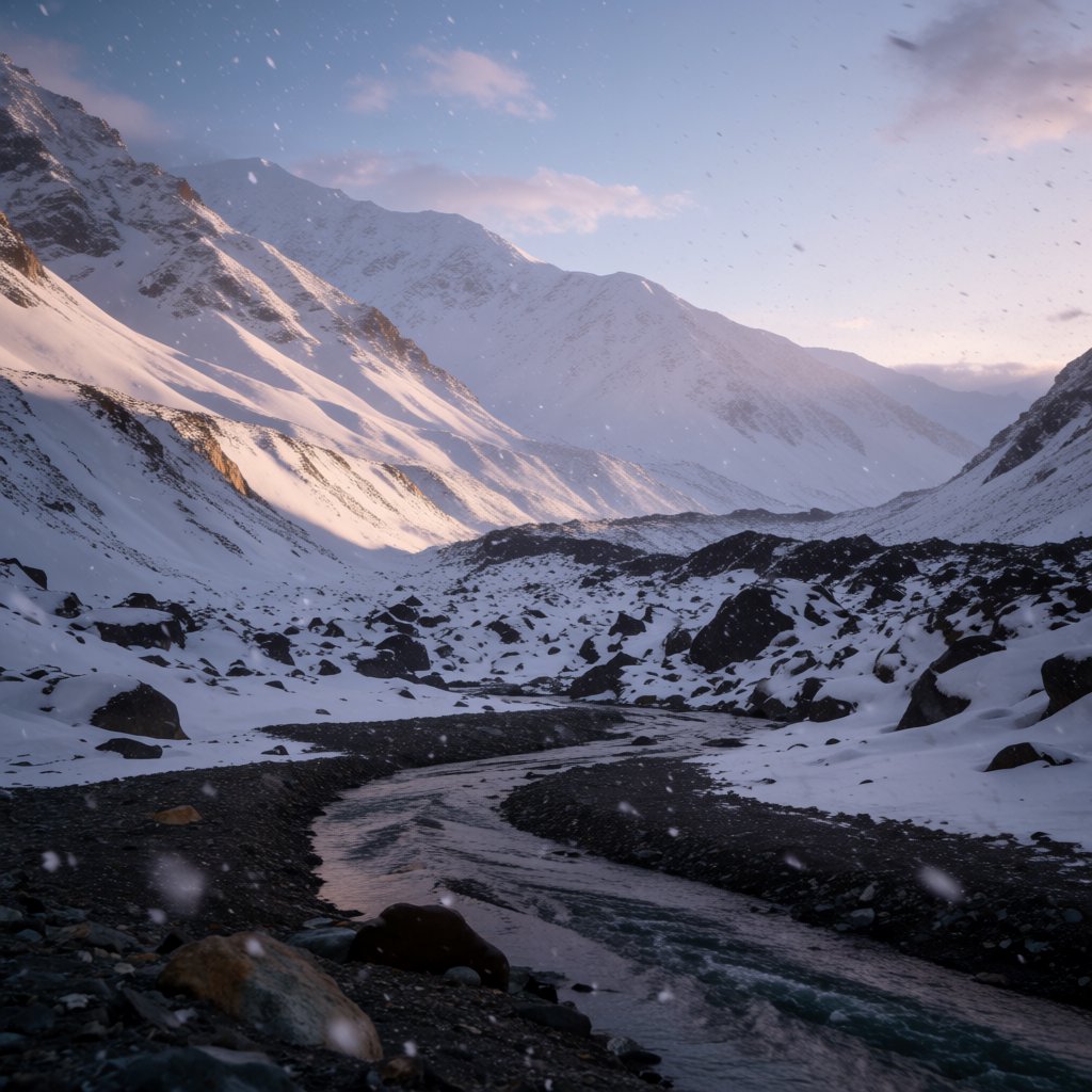 Beyond a braided glacier-fed stream, a steep moraine valley opens beneath clearing dawn snow flurries; gritty ice grains and water-polished stones sharpen the near bank, while layered ridges fade into cloud. — Krea 2 Medium