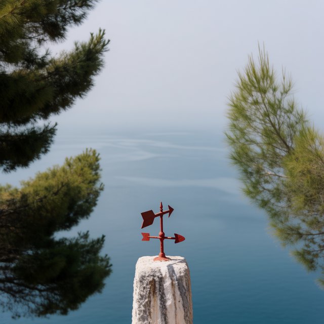 At a coastal overlook, a small red weather vane stands on a stone post. Exactly two dark-green pine trees line the left edge and one pale-green pine tree stands at the right edge; a blue sea fills the background, nothing else. — Model 12