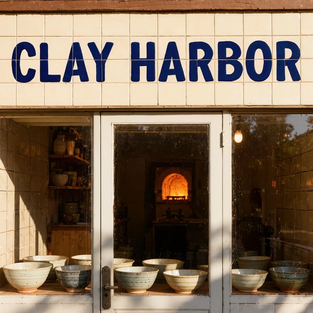 A sunlit ceramicist's studio storefront displays glazed bowls behind dusty glass doors; "CLAY HARBOR" is printed in cobalt-blue block letters across a cream tile transom above the entrance, with kiln warmth glowing inside. — Kling v3