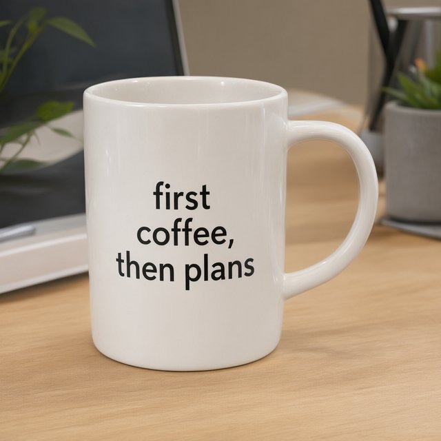 A white ceramic mug on a desk with the words "first coffee, then plans" printed in black lowercase sans-serif. — Qwen Image 3.0