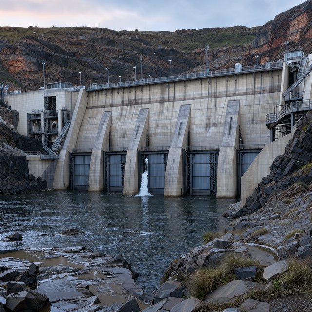 A broad hydroelectric dam in contemporary Brutalist engineering style spans a rocky gorge, its pale concrete face anchored by dark basalt abutments and steel gates; cool dawn light, viewed from downstream, with convincing load-bearing geometry. — Model 2