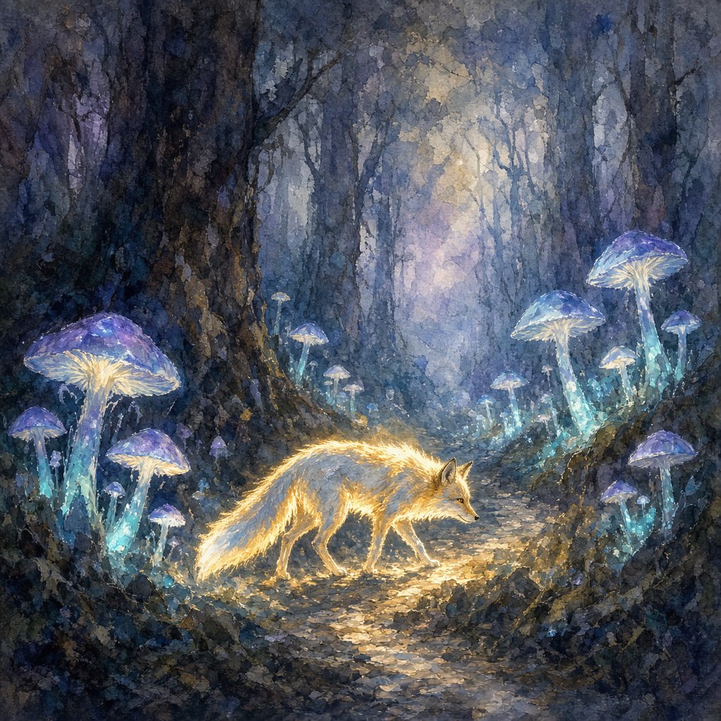 A solitary fox with fur like molten moonlight walks through an ethereal forest. Towering, bioluminescent fungi illuminate the path, casting an otherworldly glow. The style is reminiscent of early 20th-century magical realism, with bold, gestural brushstrokes akin to abstract expressionism, and a watercolor-like diffusion of light. — Grok Imagine Image 2
