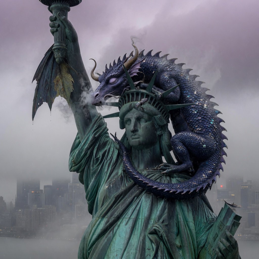 A dragon sleeping on the Statue of Liberty on a moody, overcast day. — Grok Imagine Image Quality