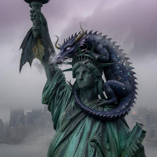 A dragon sleeping on the Statue of Liberty on a moody, overcast day. — Grok Imagine Image Quality