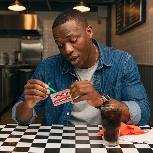A realistic scene of a random adult person, either Black, white, or Asian, scratching a scratch ticket and discovering that they have won one million dollars. — Recraft v4