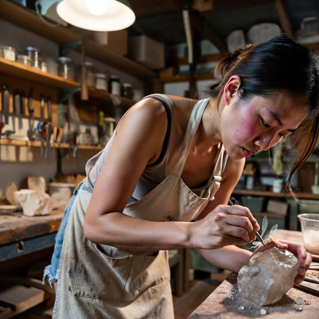 A pulchritudinous, gorgeous, exotic East Asian beauty, aged 24, inside an atelier, wearing a loose workshop apron, a tube top, and hot pants. Sweating profusely, she remains concentrated. She has a focused posture and expression as she looks at the crystalline object in the foreground that she is sculpting into a small, detailed fairy with high precision and clarity. Three-quarter-body mid-shot, Dutch angle. — ImagineArt 2