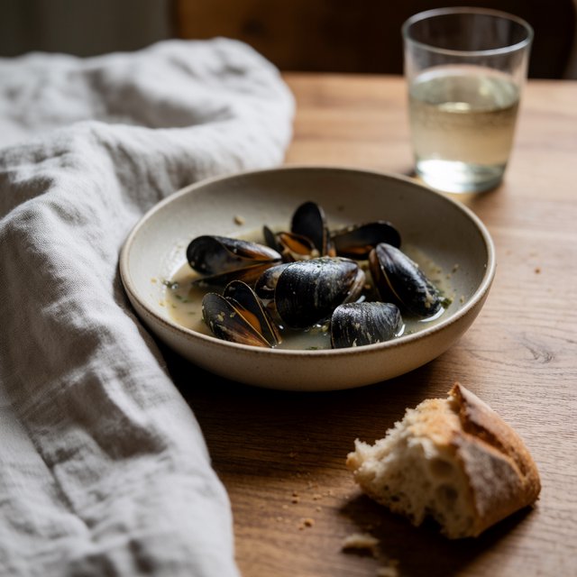 Beside a rumpled linen napkin, an in-progress supper shows a shallow bowl of mussels, torn bread, and a half-full glass on a wooden table. A natural-light dining snapshot, shot at 50mm with shallow depth of field, catches crumbs and glossy broth. — Krea 2 Medium