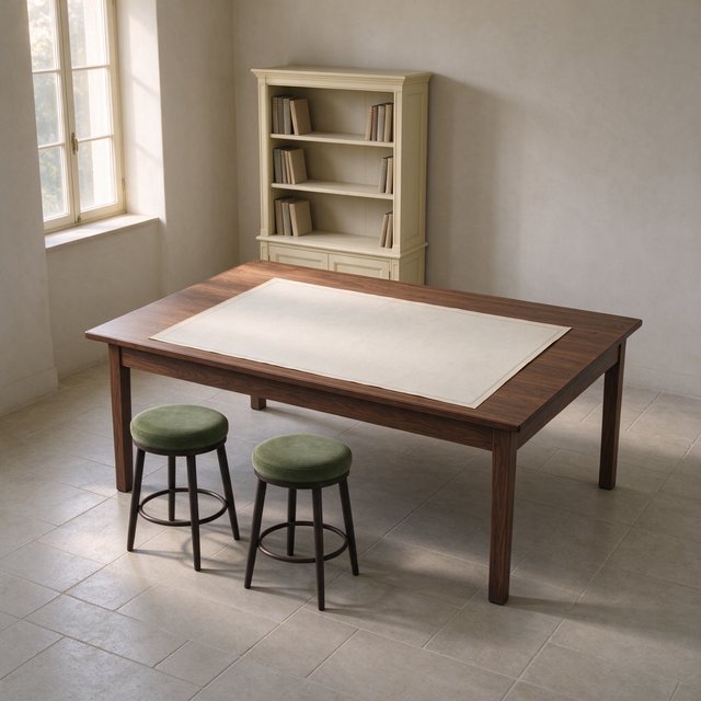 A quiet mapmaking room contains exactly one walnut drafting desk at the center, two moss-green stools side by side along its west edge, and one cream bookcase against the north wall; pale morning light, nothing else. — Seedream 5.0 Flash
