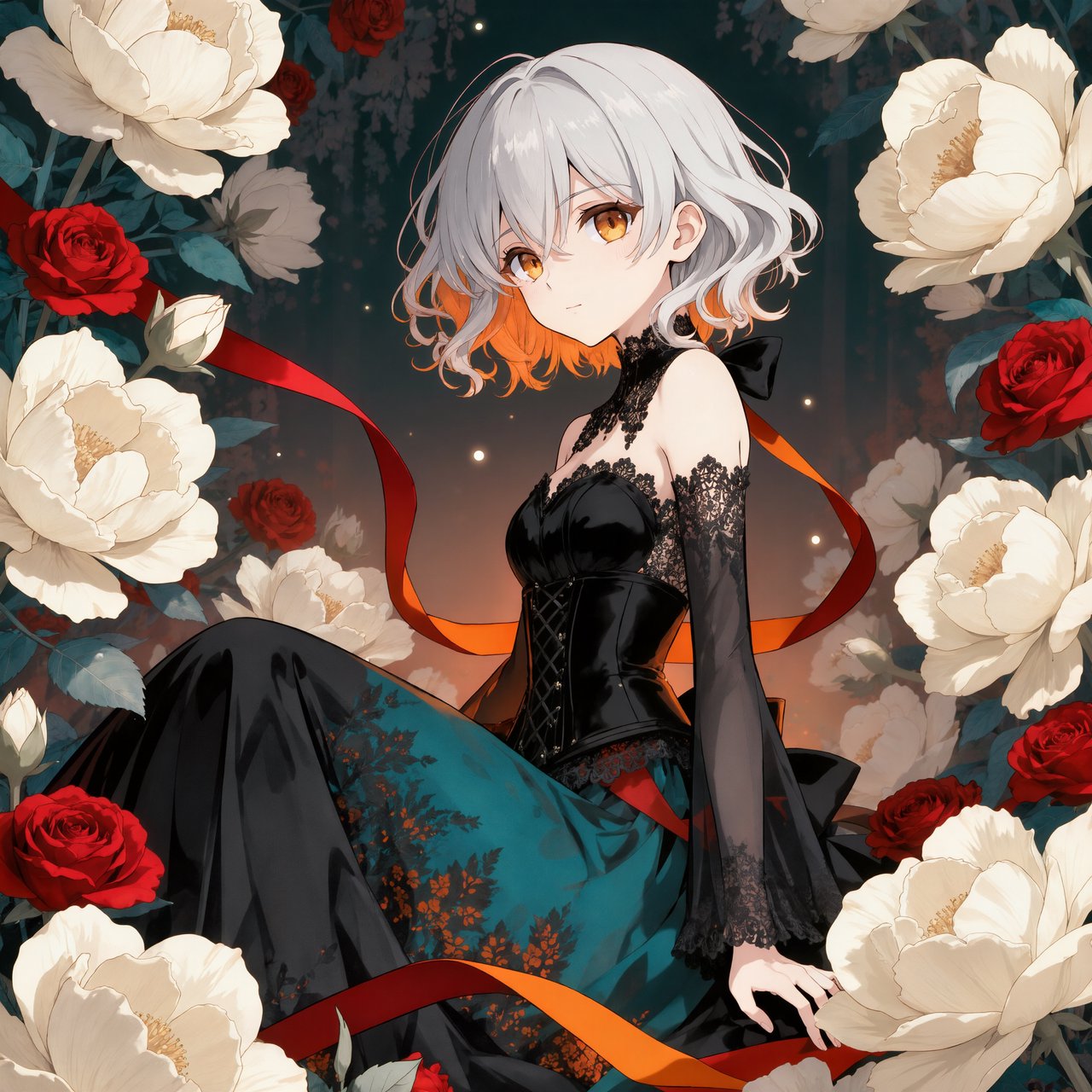An elegant gothic woman sits sideways among oversized ivory blossoms, crimson roses, and dark teal foliage, turning toward the viewer with half-lidded amber eyes. She has a softly waved silver-white bob and a fitted black gown with lace, embroidered sleeves, and a sculpted corset. Deep-teal skirt folds reveal crimson lining and burnt-orange embroidery. Crimson ribbons with orange edging weave through the flowers, leaving breathing room around her pale face and hands. A deep-teal background fades into charcoal, with muted burnt-orange light behind her head, faint crimson haze below, and botanical shadows. Fine ordered dithering, delicate checkerboard patterns, and clustered pigment grains soften background transitions only; the woman and flowers remain smoothly painted. Crimson, deep teal, glowing orange, lacquer black, and warm ivory palette. Soft frontal fill, luminous hair, readable black fabric, subtle orange rim light, refined gothic anime, precise linework, dramatic floral framing — Kling v3 Omni