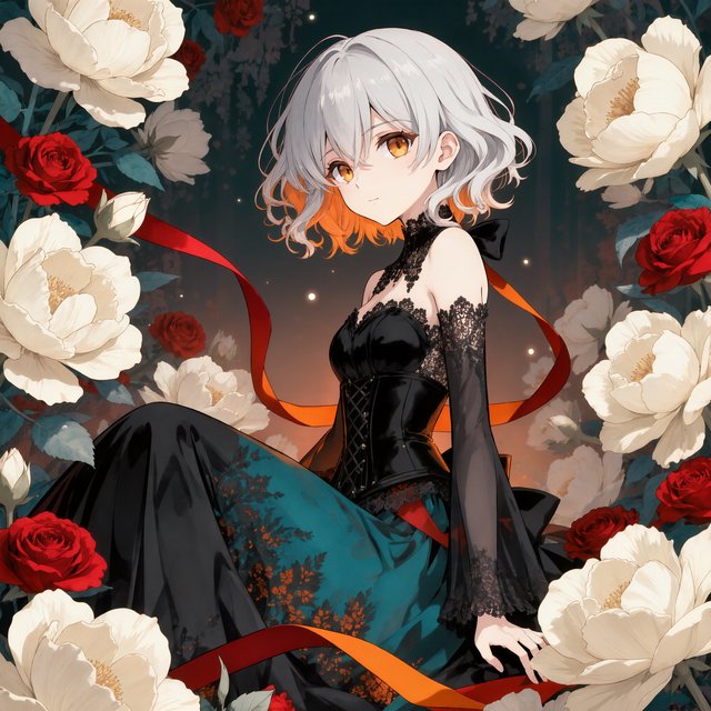 An elegant gothic woman sits sideways among oversized ivory blossoms, crimson roses, and dark teal foliage, turning toward the viewer with half-lidded amber eyes. She has a softly waved silver-white bob and a fitted black gown with lace, embroidered sleeves, and a sculpted corset. Deep-teal skirt folds reveal crimson lining and burnt-orange embroidery. Crimson ribbons with orange edging weave through the flowers, leaving breathing room around her pale face and hands. A deep-teal background fades into charcoal, with muted burnt-orange light behind her head, faint crimson haze below, and botanical shadows. Fine ordered dithering, delicate checkerboard patterns, and clustered pigment grains soften background transitions only; the woman and flowers remain smoothly painted. Crimson, deep teal, glowing orange, lacquer black, and warm ivory palette. Soft frontal fill, luminous hair, readable black fabric, subtle orange rim light, refined gothic anime, precise linework, dramatic floral framing — Kling v3 Omni