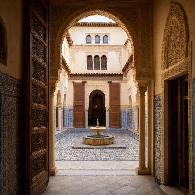 From a shaded courtyard entrance, Moorish Revival residences enclose a tiled fountain court, with cream stucco, carved cedar doors, and blue ceramic bands; late sunlight filters through arcades, revealing aligned walls and credible supports. — Qwen Image 3.0