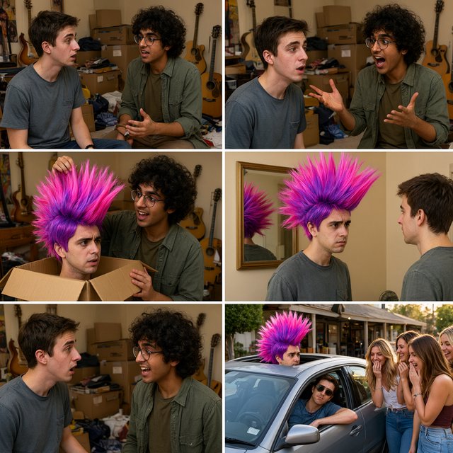 A three-row, six-panel sequence. Panel 1: A short-haired, nerdy man is talking to his friend Babu, another nerd with curly hair and round-frame glasses. They are both 20. Babu's room has a guitar and boxes full of things. Panel 2: Babu is exclaiming to his friend, saying something! Middle row, panel 3: Babu brings a spiky Mohican wig, pink to purple in color, out of one of his boxes. But it is oddly big. Panel 4: Babu stands in front of a wall mirror wearing the spiky wig—it is oddly very big! He looks concerned. Bottom row, panel 5: Babu's nerdy friend exclaims something to him, as if he has had an idea. Bottom row, panel 6: Babu is in a right-hand-drive sedan with a sunroof. Half of the spiky hair on his wig sticks out through the sunroof. The car is parked in front of a neighborhood hangout. Babu is looking out of the window, with one hand out of it. He wears sunglasses, trying to look cool. Several pretty adult women his age are giggling at him. — Qwen Image 3.0 Pro