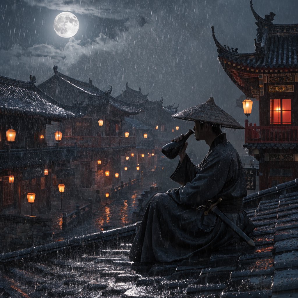 A lone Chinese swordsman sits on a tiled rooftop in ancient China at night, gazing over a lantern-lit city while drinking from a ceramic wine flask, moonlight bathing the quiet scene. — Recraft v4