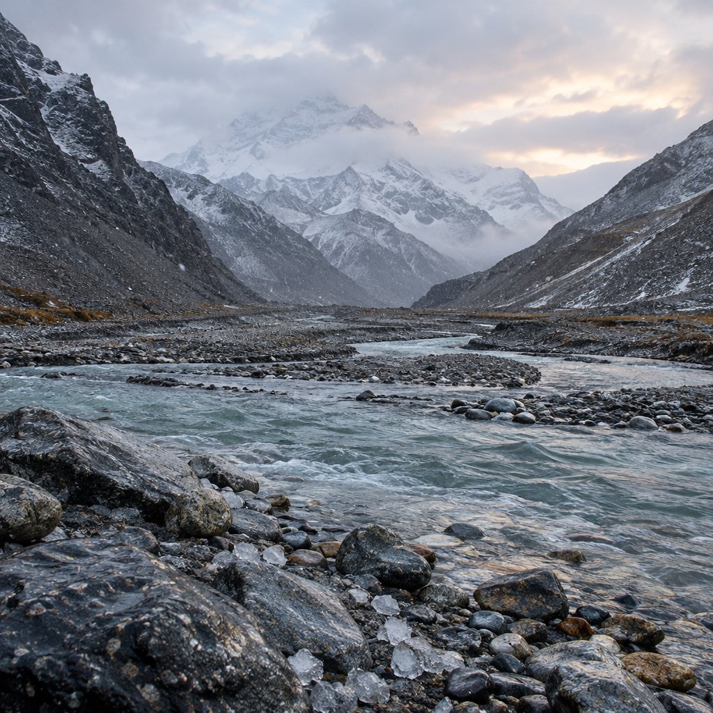 Beyond a braided glacier-fed stream, a steep moraine valley opens beneath clearing dawn snow flurries; gritty ice grains and water-polished stones sharpen the near bank, while layered ridges fade into cloud. — GPT Image 2.5 Flare