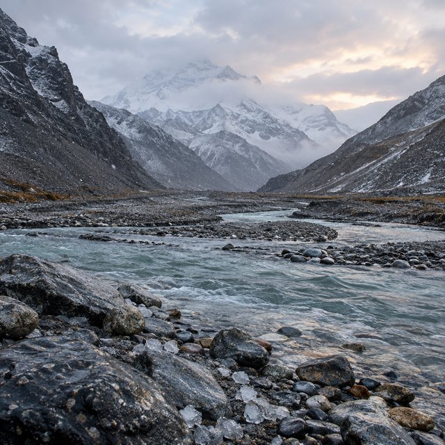 Beyond a braided glacier-fed stream, a steep moraine valley opens beneath clearing dawn snow flurries; gritty ice grains and water-polished stones sharpen the near bank, while layered ridges fade into cloud. — Model 3
