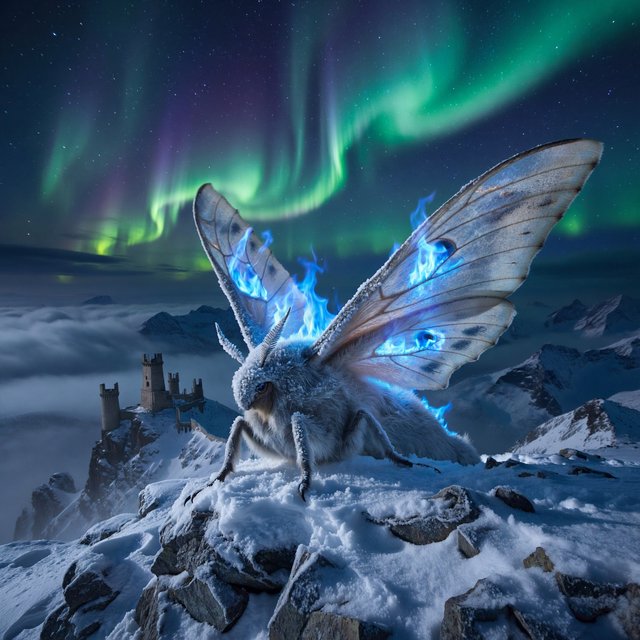 A colossal moon-moth leviathan rests atop a snowbound mountain ridge, its translucent wings veined with blue fire and its fur silvered by frost. Tiny abandoned watchtowers below emphasize its immense scale beneath an aurora-filled sky. — ImagineArt 2