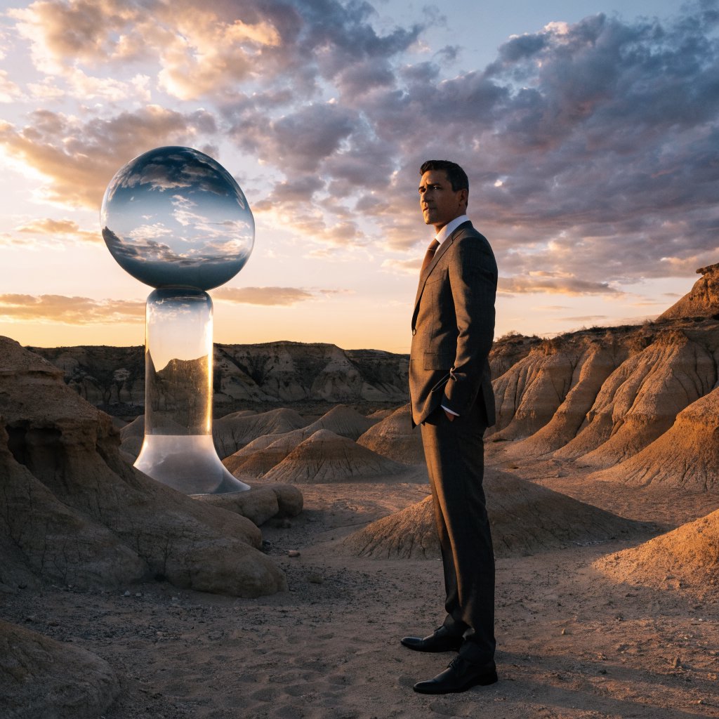 Editorial glamour photograph of an adult man in a charcoal evening suit with a muted copper tie, standing at ease beside a desert art installation, flattering sunset light warming the sculptural landscape, composed expression and refined magazine atmosphere. — Recraft v4