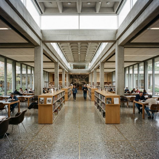 Interior of a mid-century modernist public library, with pale oak shelving, exposed concrete columns, terrazzo flooring, and a broad clerestory. Diffuse morning light crosses the reading hall, viewed from the entrance down its central aisle, with precise lines and plausible structure. — Nano Banana 2 Lite