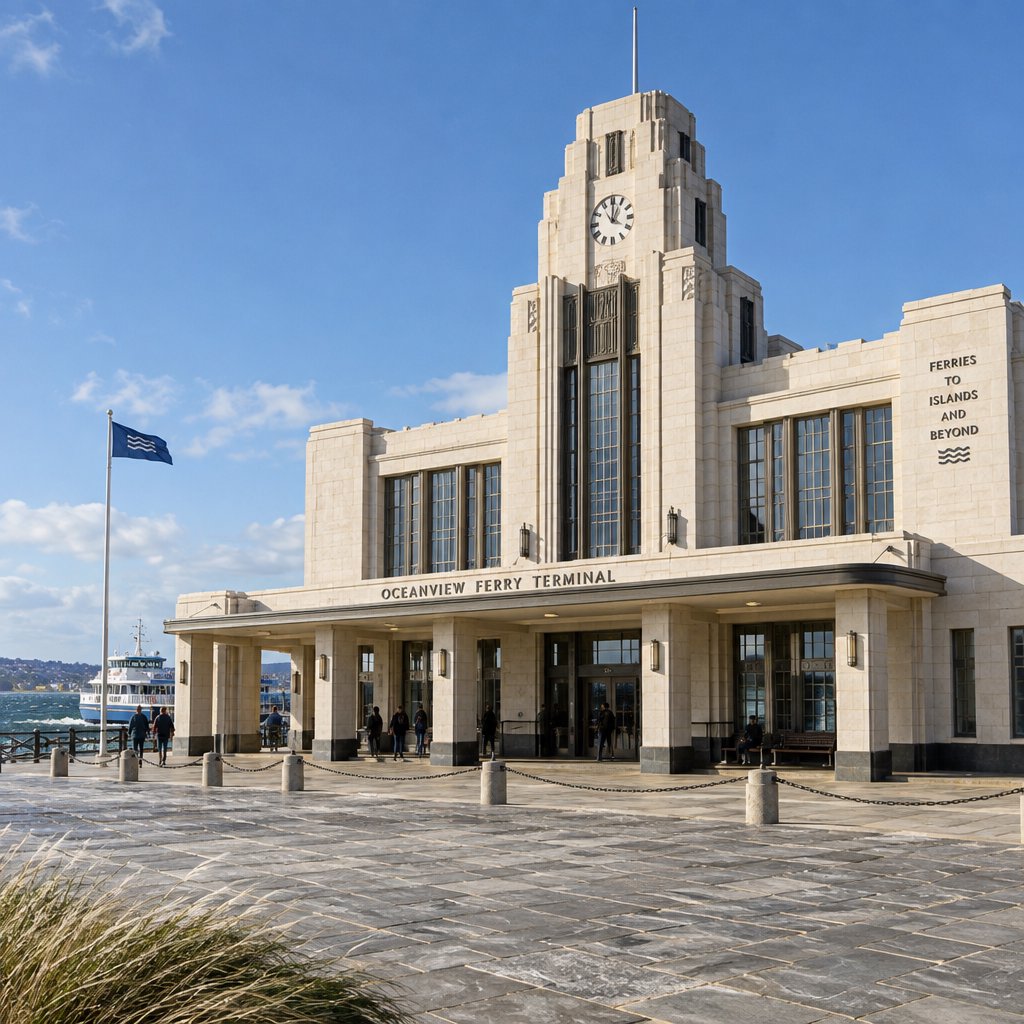 Exterior of a coastal Art Deco ferry terminal, cream limestone, dark bronze window frames, stepped geometric tower and sheltered arcade, late-morning sunlight casting sharp shadows, viewed from across a windswept stone forecourt, realistic architectural photography with precise lines and plausible structure. — GPT Image 2.5 Flare
