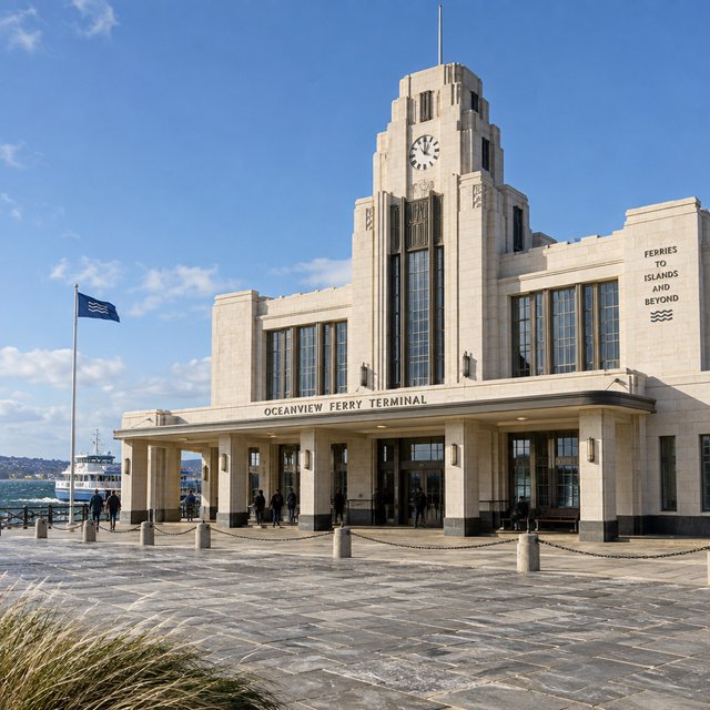 Exterior of a coastal Art Deco ferry terminal, cream limestone, dark bronze window frames, stepped geometric tower and sheltered arcade, late-morning sunlight casting sharp shadows, viewed from across a windswept stone forecourt, realistic architectural photography with precise lines and plausible structure. — GPT Image 2.5 Flare